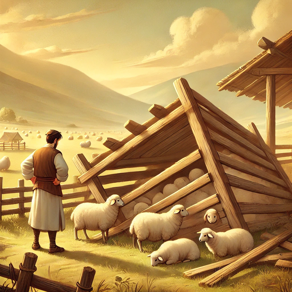 Here's the featured image for 亡羊補牢, showcasing the farmer inspecting the broken sheepfold in a rural landscape. The scene conveys the idiom's theme of correcting mistakes and acting to prevent further loss.