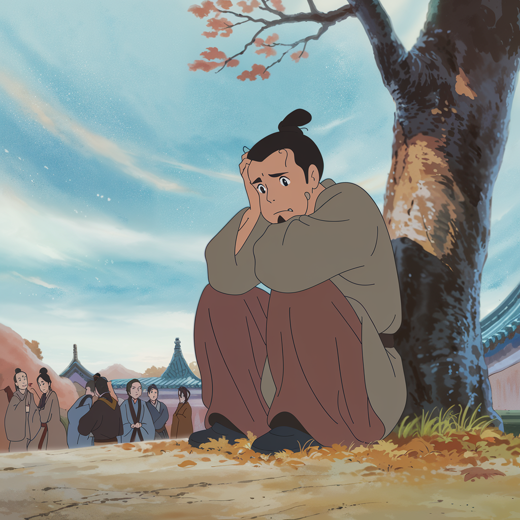 杞人憂天 an anime drawing. A scene showing a man from ancient China sitting under a tree, looking worried and holding his head in his hands. Above him, a vast, open sky stretches with subtle, wispy clouds to emphasize emptiness. Around him, others glance with mild curiosity or amusement. The background includes gentle hills and traditional Chinese architectural elements like pagodas and curved rooftops, evoking a sense of historical setting.