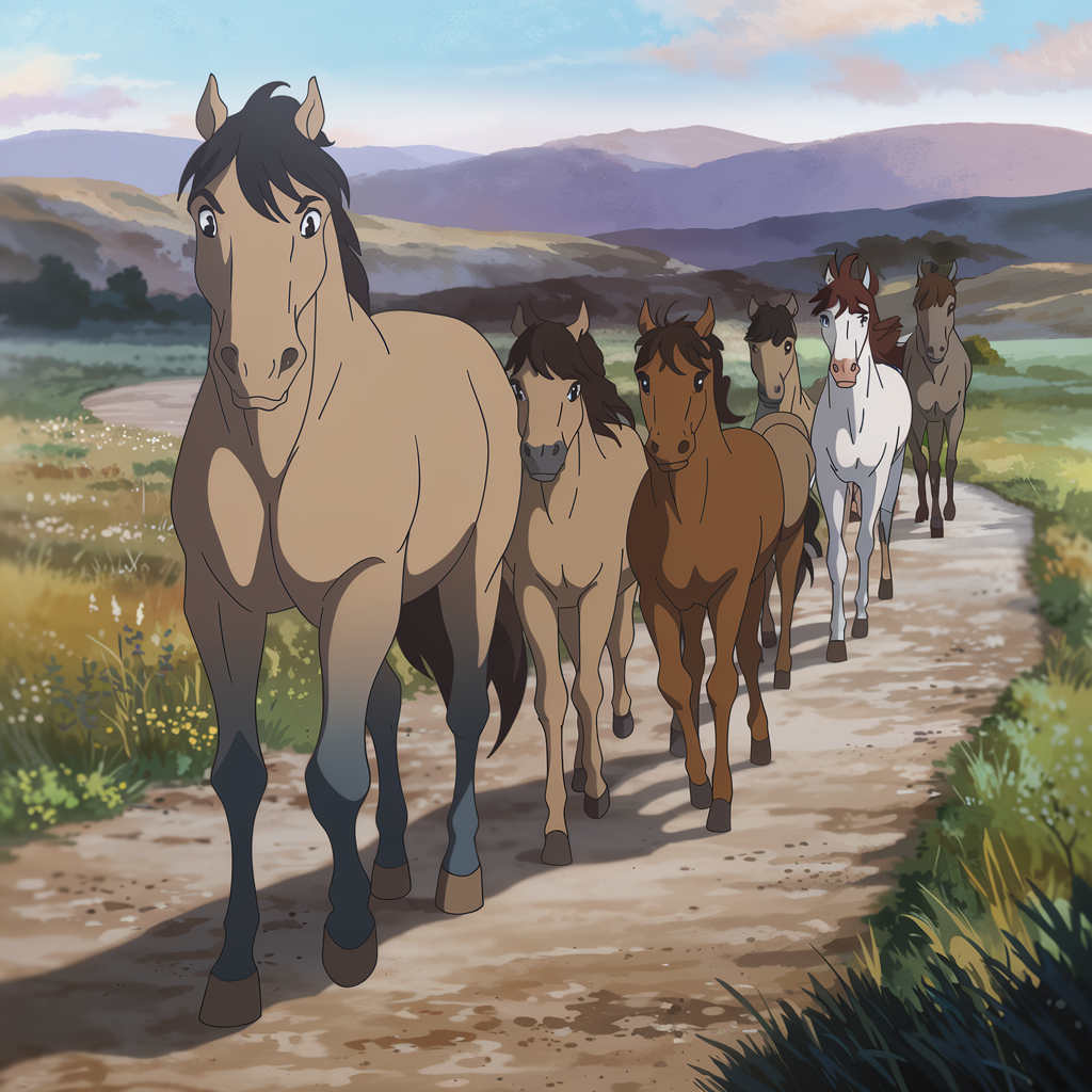 老馬識途 a slightly anime drawing. A scene depicting an older, wise-looking horse leading a group of younger horses along a winding path through a serene landscape. The older horse is confident, with a gentle, knowing expression, while the younger horses follow with attentive, curious looks. The background features rolling hills and distant mountains, bathed in soft light