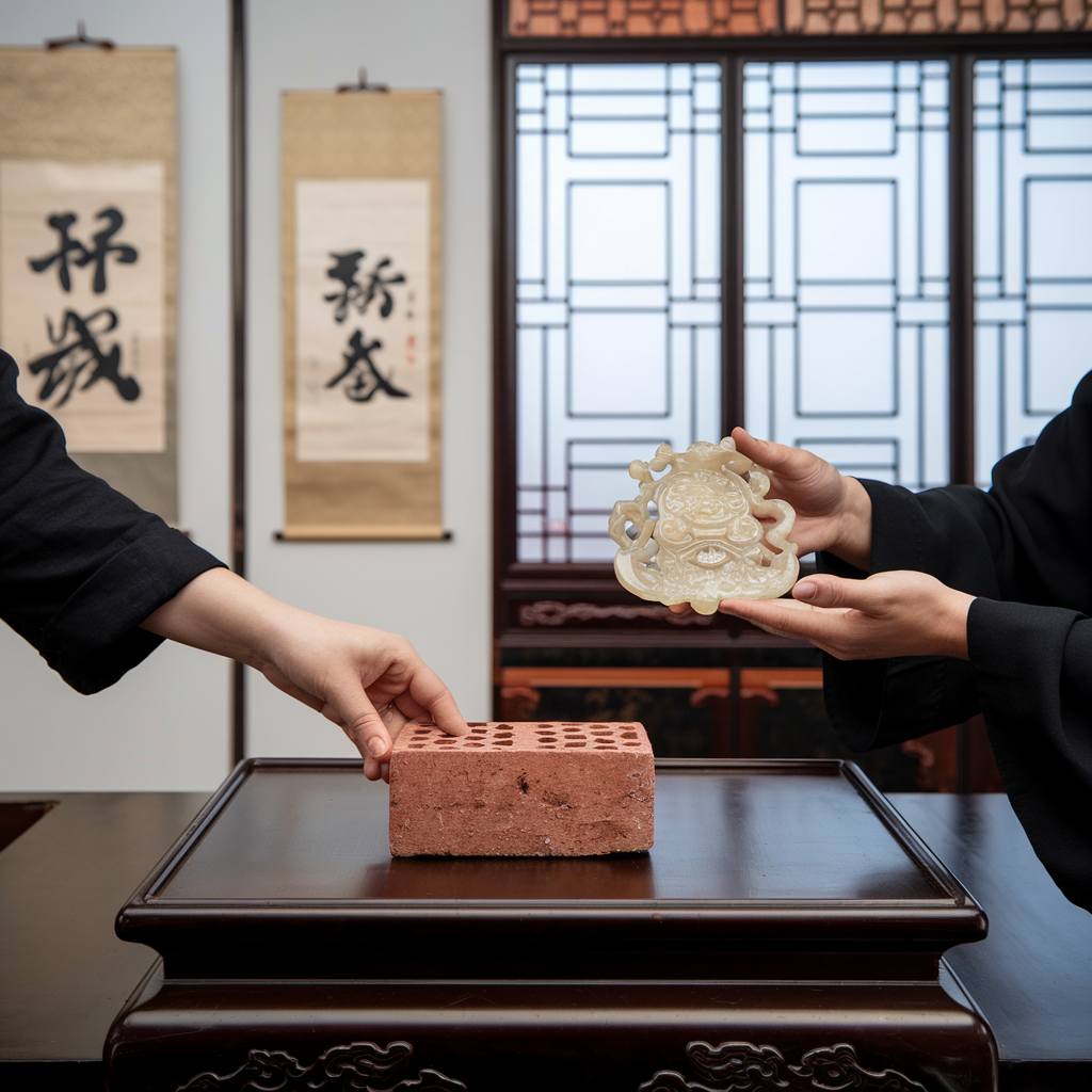 A scene showing an individual placing a humble brick on a table in the foreground, symbolizing an initial contribution. In the background, another person holding a finely carved jade piece approaches with a smile, ready to place it on the table. The setting includes traditional Chinese decor elements such as scrolls on the wall, ink paintings, and delicate lattice windows that let in soft natural light.